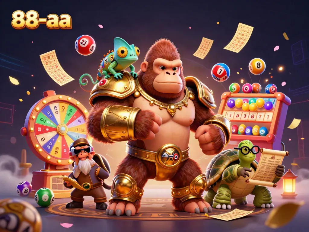 Engage with the dynamic 88-aa gaming scene showcasing a gorilla king, chameleon, and tortoise amidst vibrant casino elements.