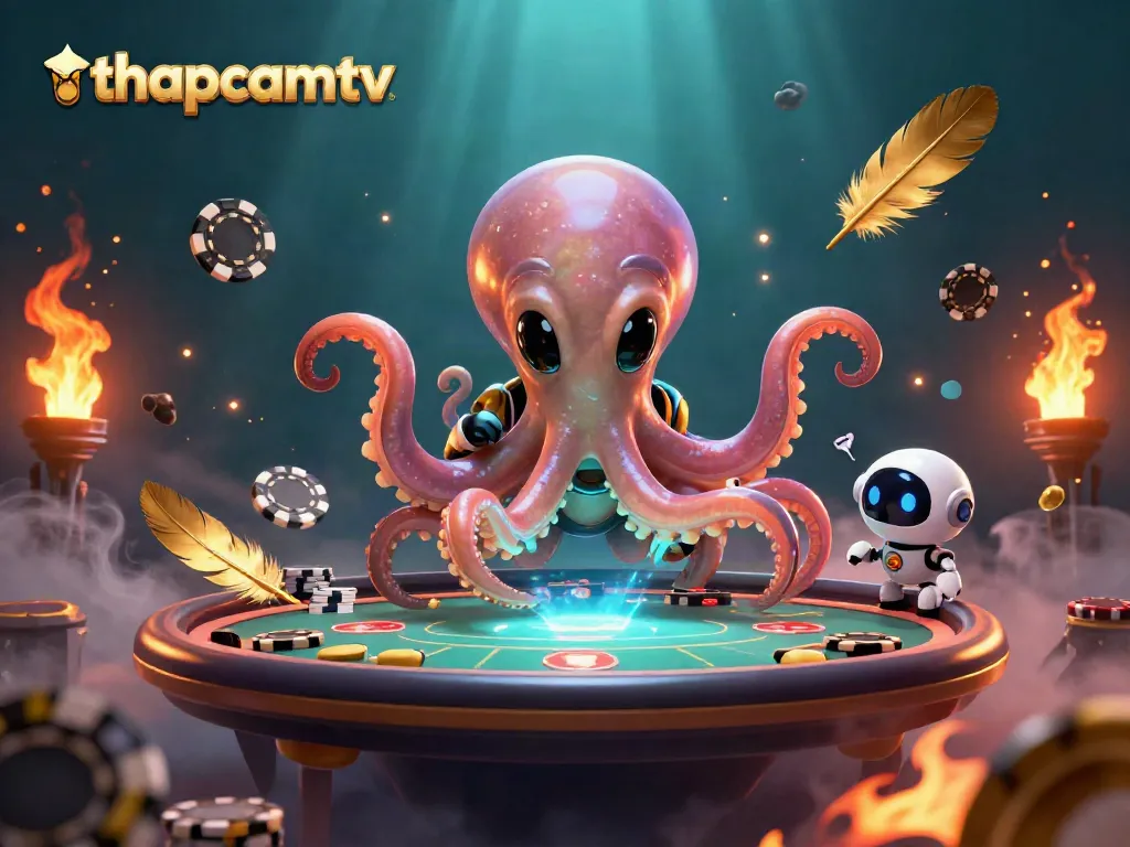 Interact with thapcamtv's immersive poker scene featuring a vibrant alien octopus and holographic elements.