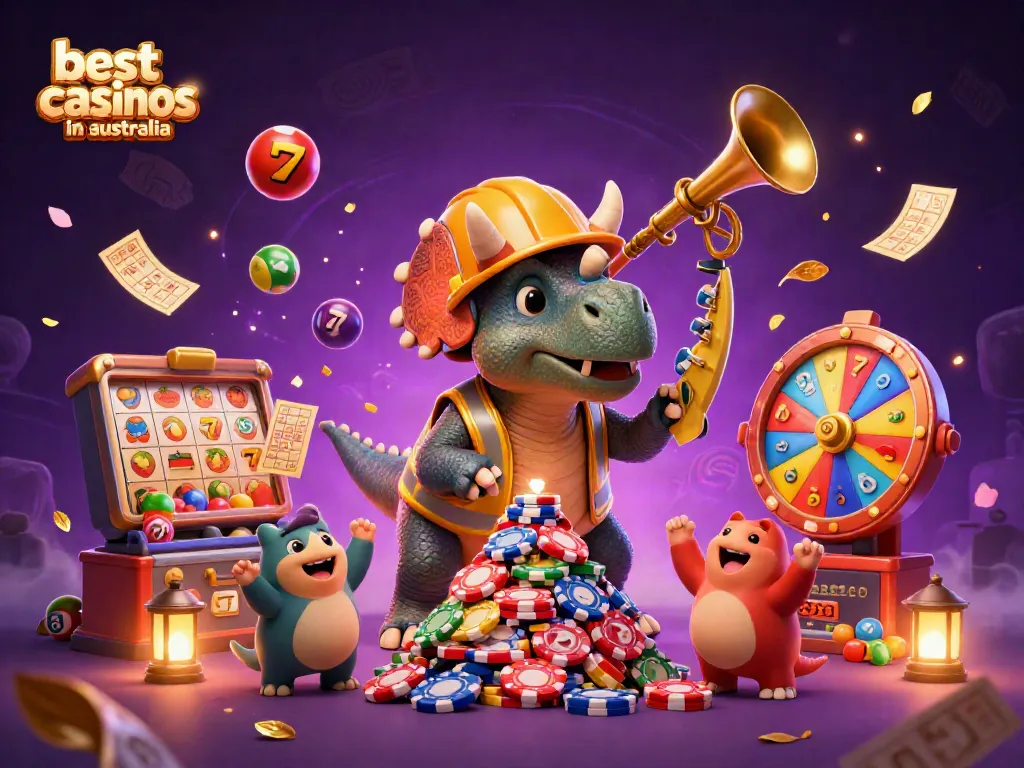 Engage with the best mobile casinos in Australia, illustrated by a triceratops building poker chips amid dynamic casino elements.