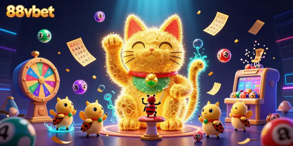 Engage with 88vbet's thrilling casino experience through a vibrant 3D illustration of a lucky cat and gold effects.