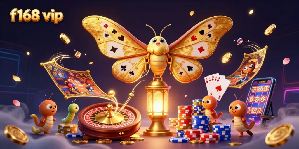 Experience the excitement of f168 vip through a dynamic 3D casino illustration featuring vibrant game elements.