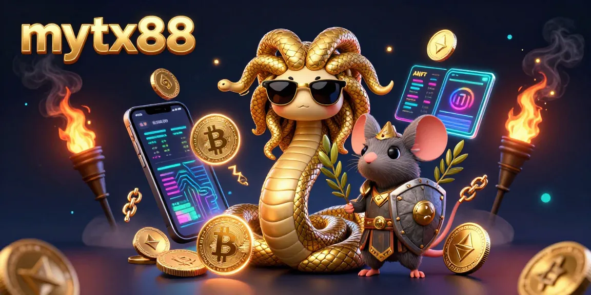 Engage with mytx88's vibrant 3D illustration featuring Greek mythology characters amidst crypto coins and glowing elements.