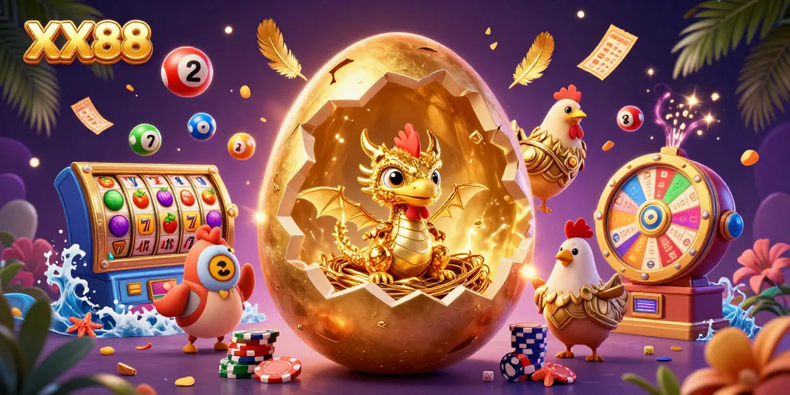 Experience exciting gaming with the XX88 colossal golden egg revealing a golden baby dragon amidst dynamic casino elements.