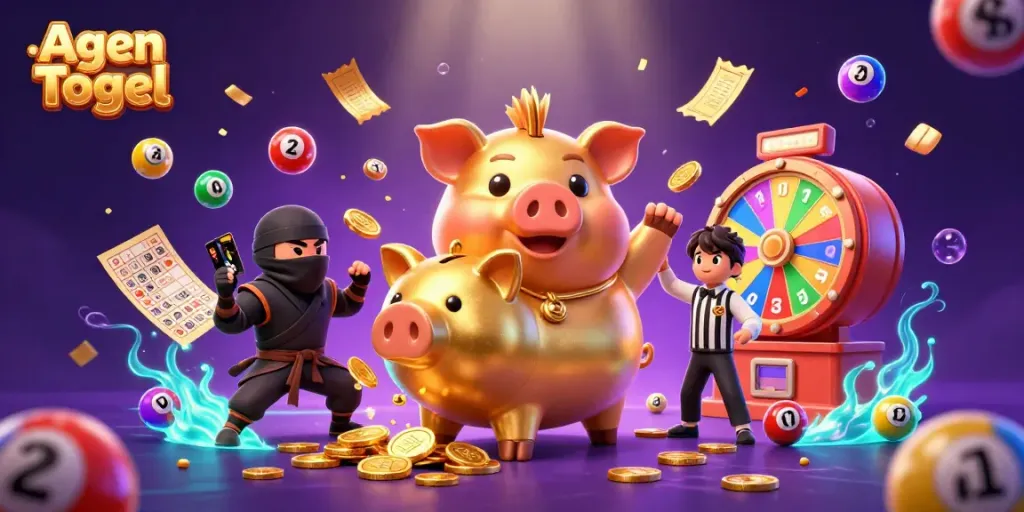 Agen Togel merayakan kemenangan dengan karakter lucu sambil dikelilingi bola lotere berwarna dan kartu bingo.