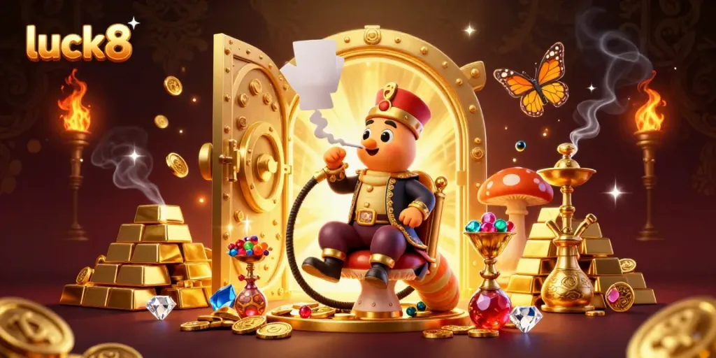 Experience the excitement of luck8 casino with this vibrant 3D illustration featuring playful characters and gold treasures.