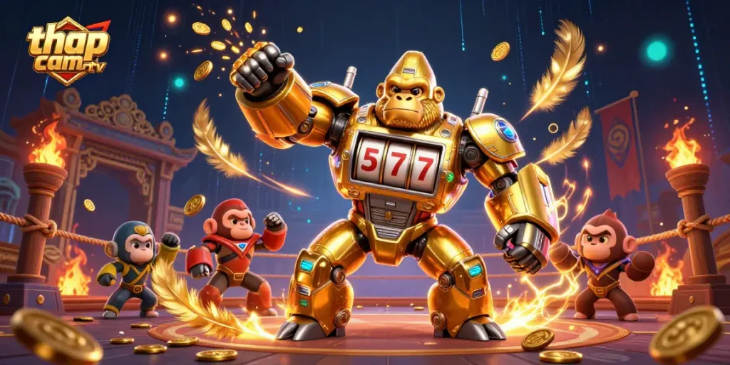 Experience thrilling action in thap cam tv with a dynamic 3D illustration of a gorilla mech and sports elements.