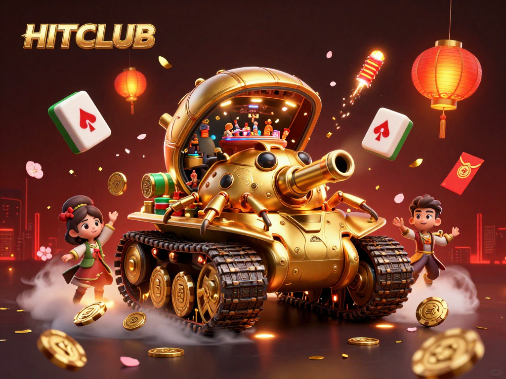 Experience HITCLUB's rich casino world inside a golden beetle tank, shooting confetti and coins.
