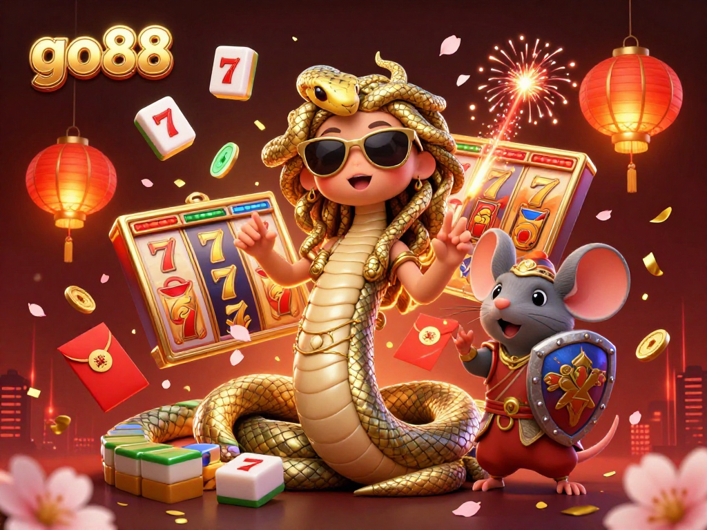 Experience go88's thrilling gaming scene with Medusa and a warrior mouse amidst dynamic casino elements.