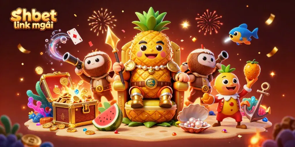 Experience the shbet link mới adventure at a vibrant beach casino, complete with whimsical characters.