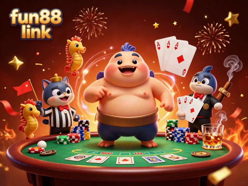 Experience high stakes in a vibrant, animated fun88 link poker scene with characters and casino elements.