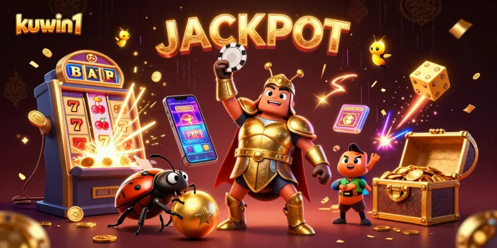 Kuwin1 casino illustration featuring a victorious beetle with a poker chip amid a vibrant jackpot scene.