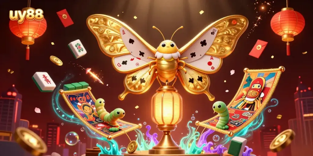 Experience the excitement of uy88 with vibrant casino-themed digital art featuring a majestic moth and colorful elements.
