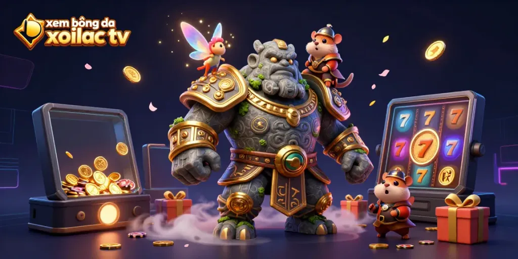 Xem bóng đá xoilac tv illustrates thrilling action with a stone golem, fairy, and hamster knight amidst vibrant slot game elements.