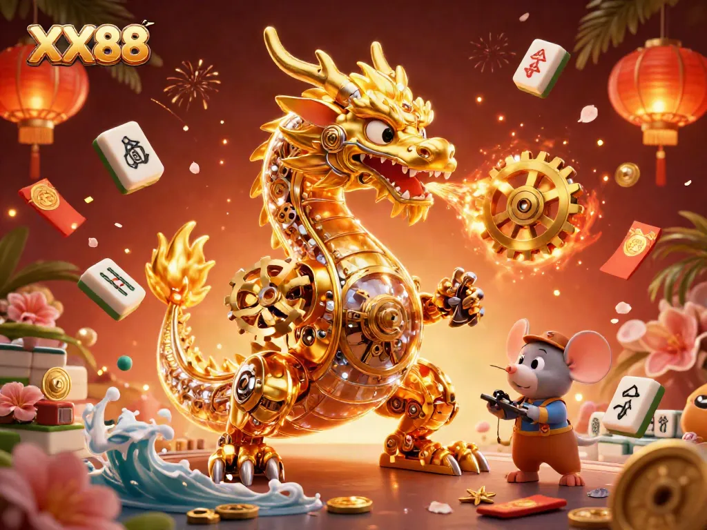 Engage with the dynamic world of XX88, featuring a biomechanical dragon in a gold-filled casino scene.