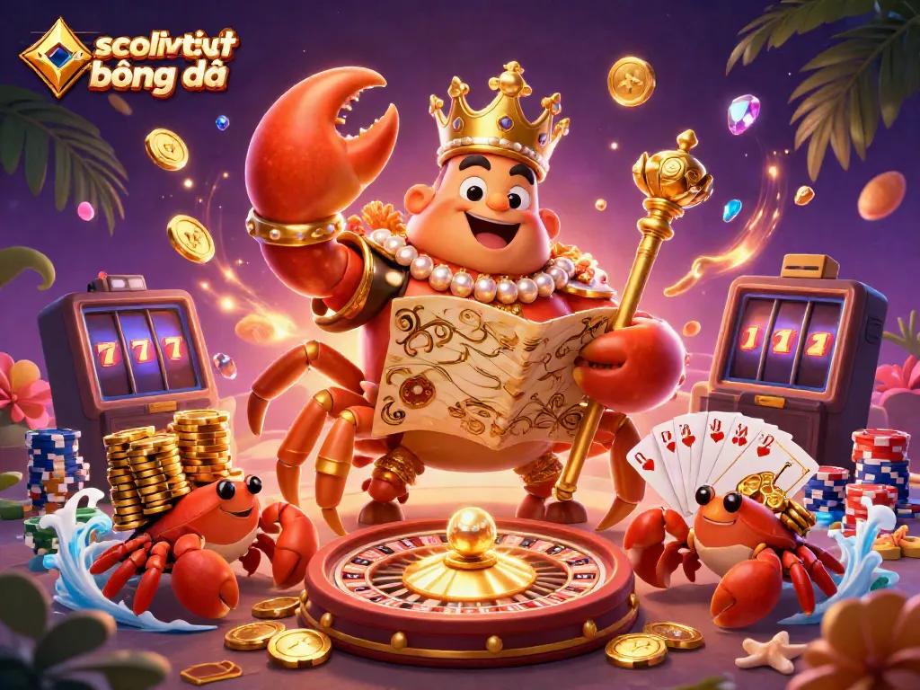 Socolive trực tiếp bóng đá showcases an emperor crab in a vibrant casino setting, enveloped by golden coins and colorful poker chips.