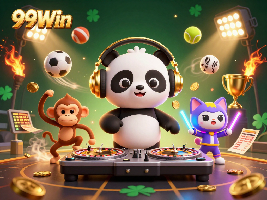 Experience the vibrant excitement of 99Win's casino games with animated characters under dazzling lights.