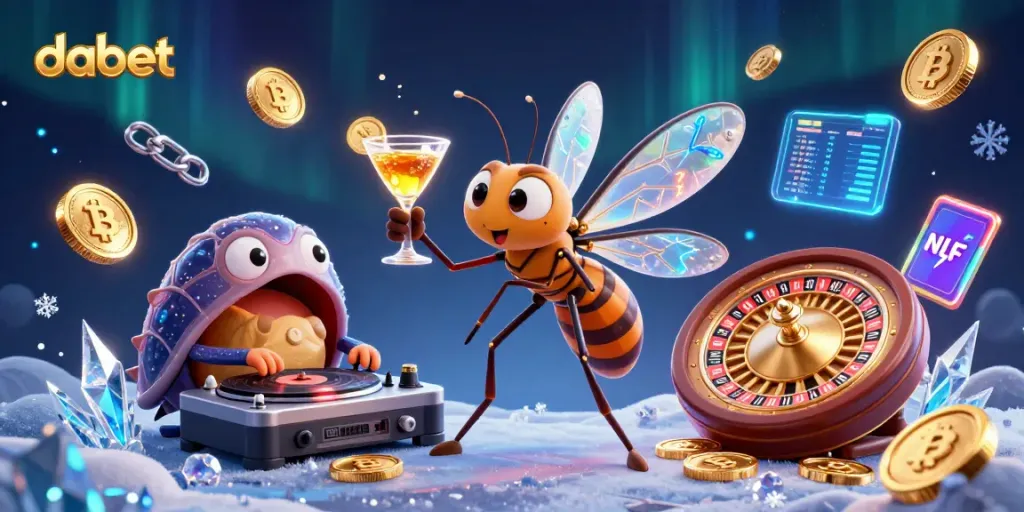 Join dabet's thrilling gaming scene with a 3D frozen mosquito mascot holding a cocktail amid vibrant casino elements.