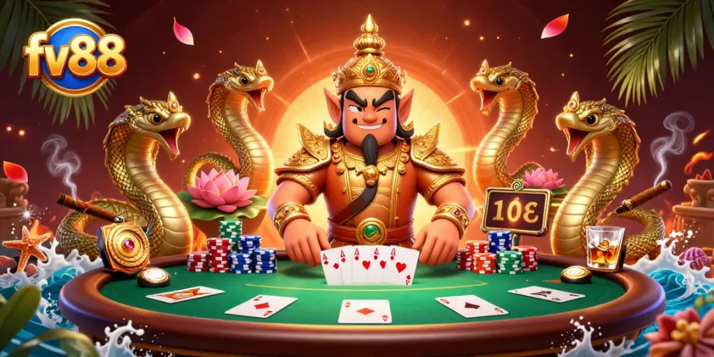 Experience thrilling poker action with fv88 in vibrant, detailed 3D digital casino art.