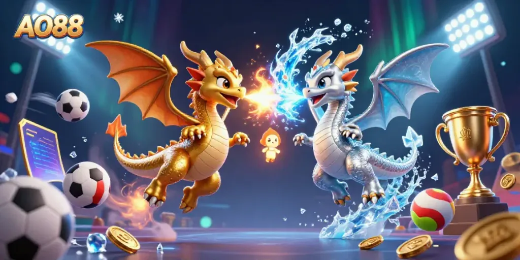 Experience thrilling gaming with AO88, featuring dynamic dragons and sports elements in a vibrant casino scene.