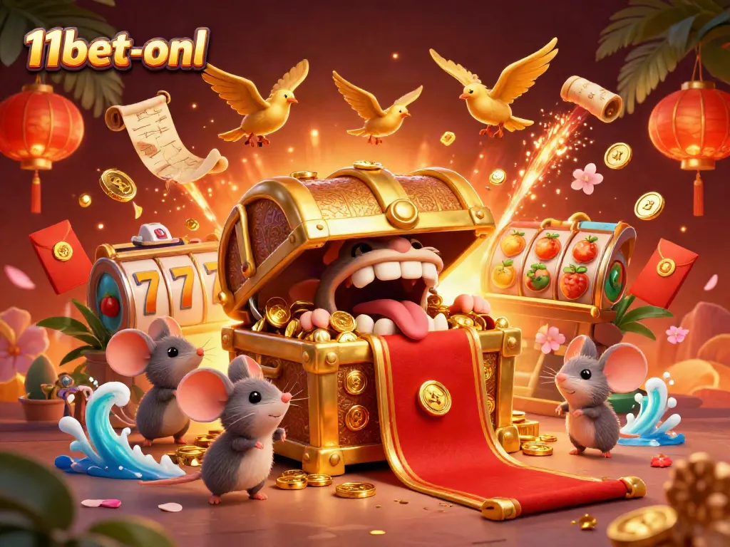Bet on exciting rewards with the 11bet-onl golden treasure chest inviting adventurous mice in a dynamic gambling scene.
