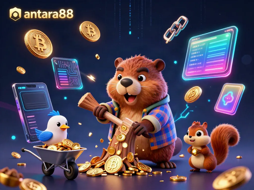 Experience thrilling slots action with antara88 in a vibrant 3D scene filled with beaver, coins, and crypto elements.