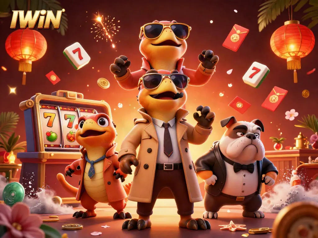 IWIN players enjoy a vibrant casino scene with three raptors in disguise and dynamic slots.