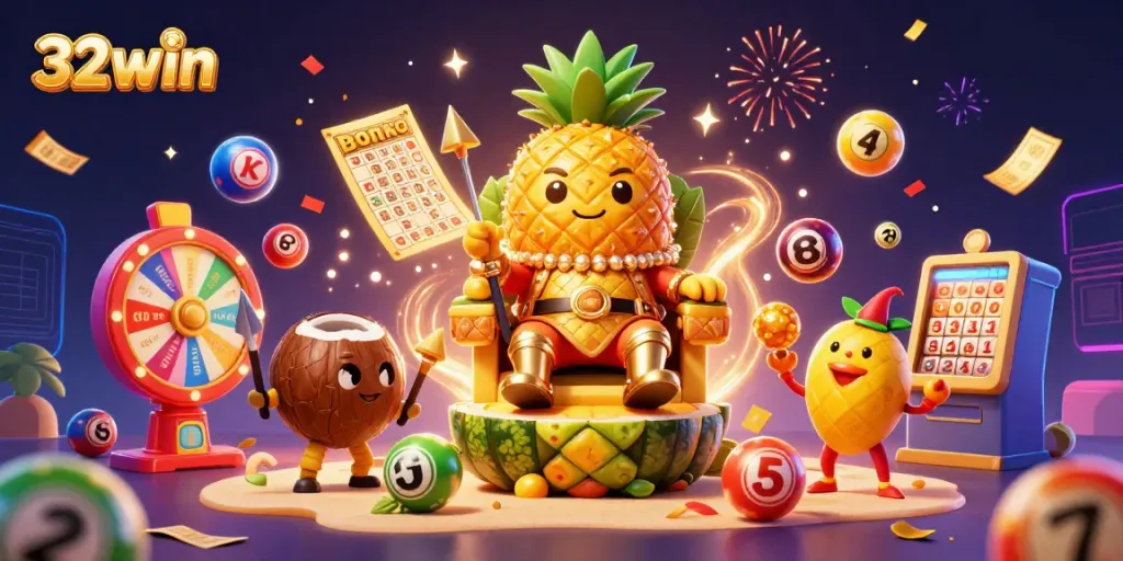 Engage in dynamic gaming with 32win, featuring an animated casino scene full of excitement.