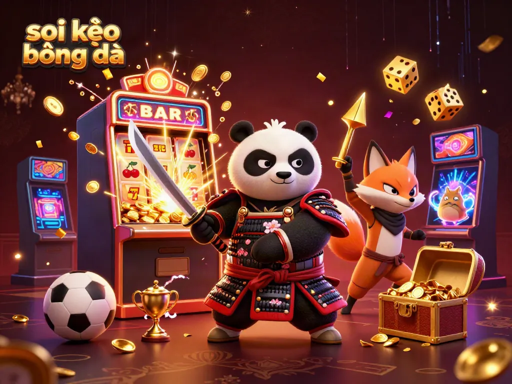 Soi kèo bóng đá with dynamic characters and vibrant casino elements in a rich, engaging 3D illustration.