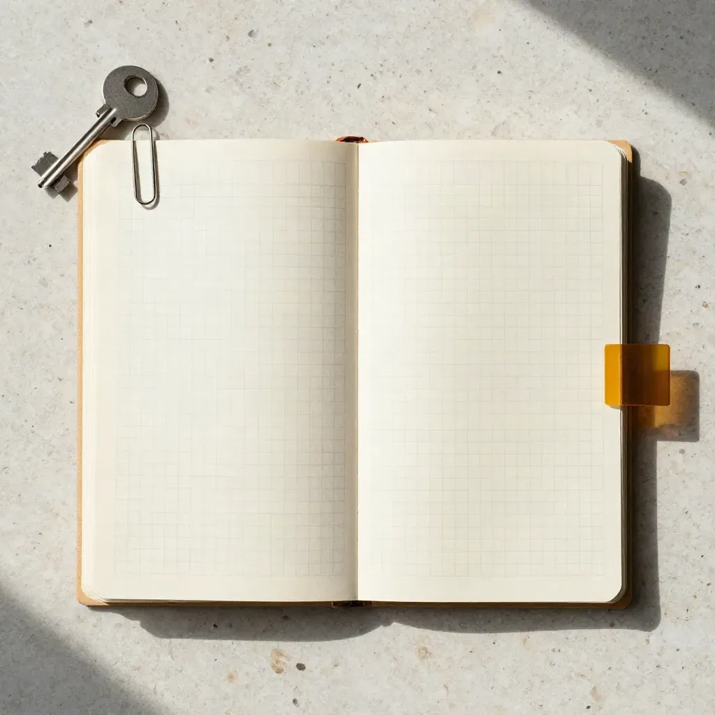 Widok z góry: slim booklet checklisty, notatka, spinacz i zagięty róg na jasnym trawertynie.