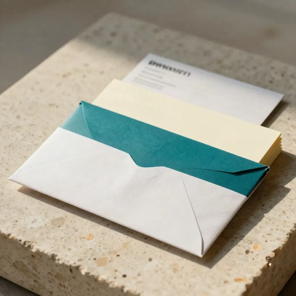 Sealed packet maili z wysuwającymi się kartami na kamiennym tle, z delikatnym teal akcentem.