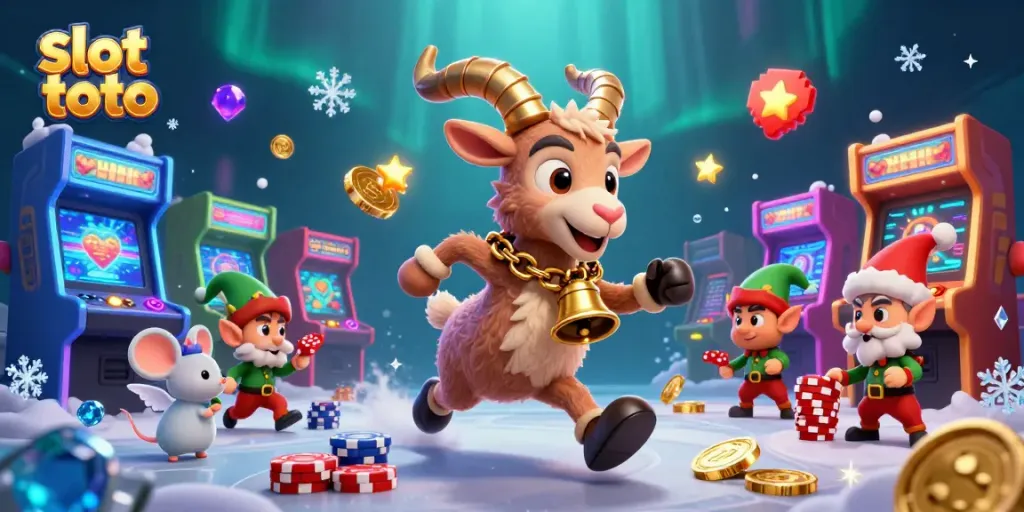 Menghadapi tantangan di slot toto dengan Krampus yang menakutkan dalam kasino liburan, dikelilingi permainan 3D yang berkilauan.