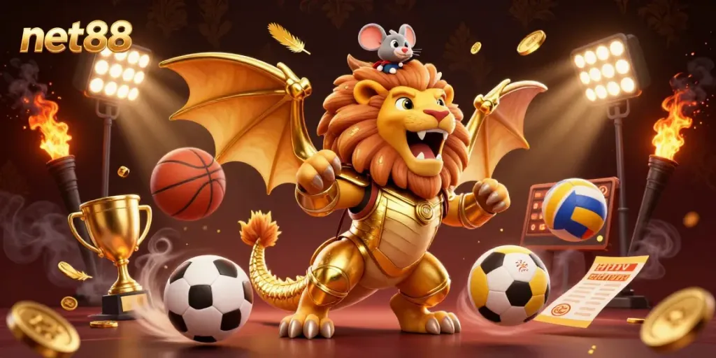 Experience thrilling wins at net88 with a dazzling 3D scene featuring sports excitement and golden opportunities.
