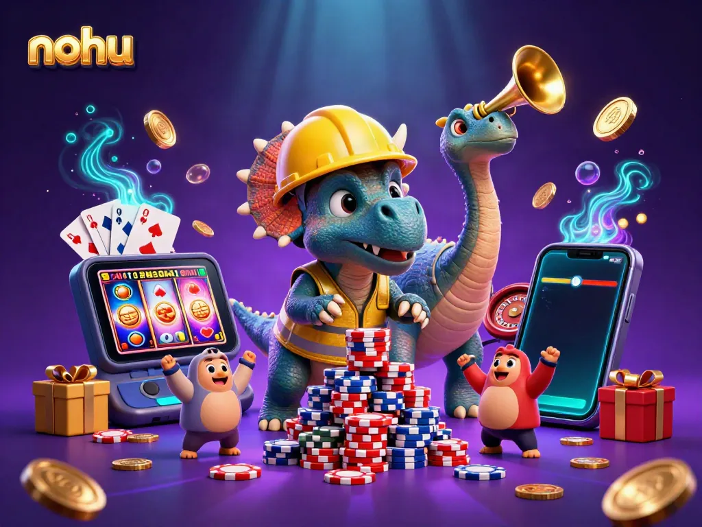 Engaging nohu gaming scene with vibrant characters celebrating slot game winnings