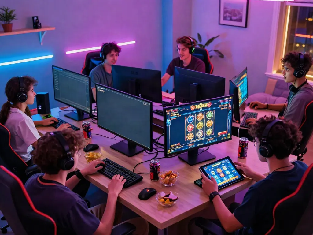 Exciting online gaming scene with players enjoying slot games on multiple devices in a vibrant, colorful setting.