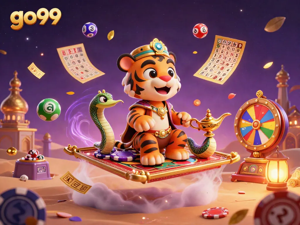 Engage in the vibrant world of go99 with a colorful, dynamic casino illustration showcasing exciting game elements and characters.