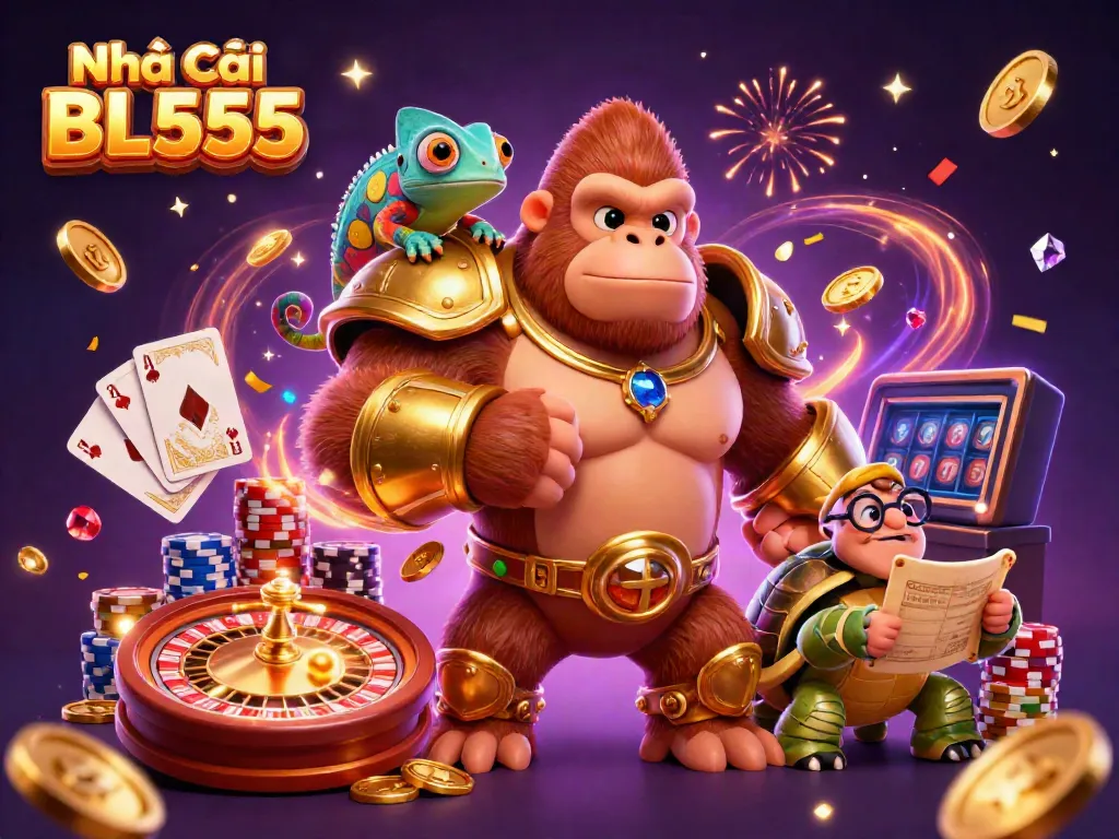 Engage in gaming excitement at Nhà cái BL555 with vibrant characters and casino elements.