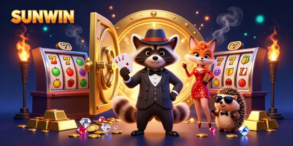 SUNWIN gaming scene featuring a suave raccoon and friends amid vibrant casino elements.