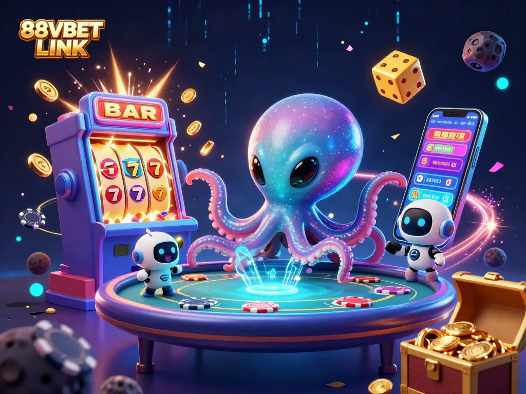 Experience the thrill of gaming with 88VBET LINK featuring colorful slot machines and a vibrant alien poker scene.