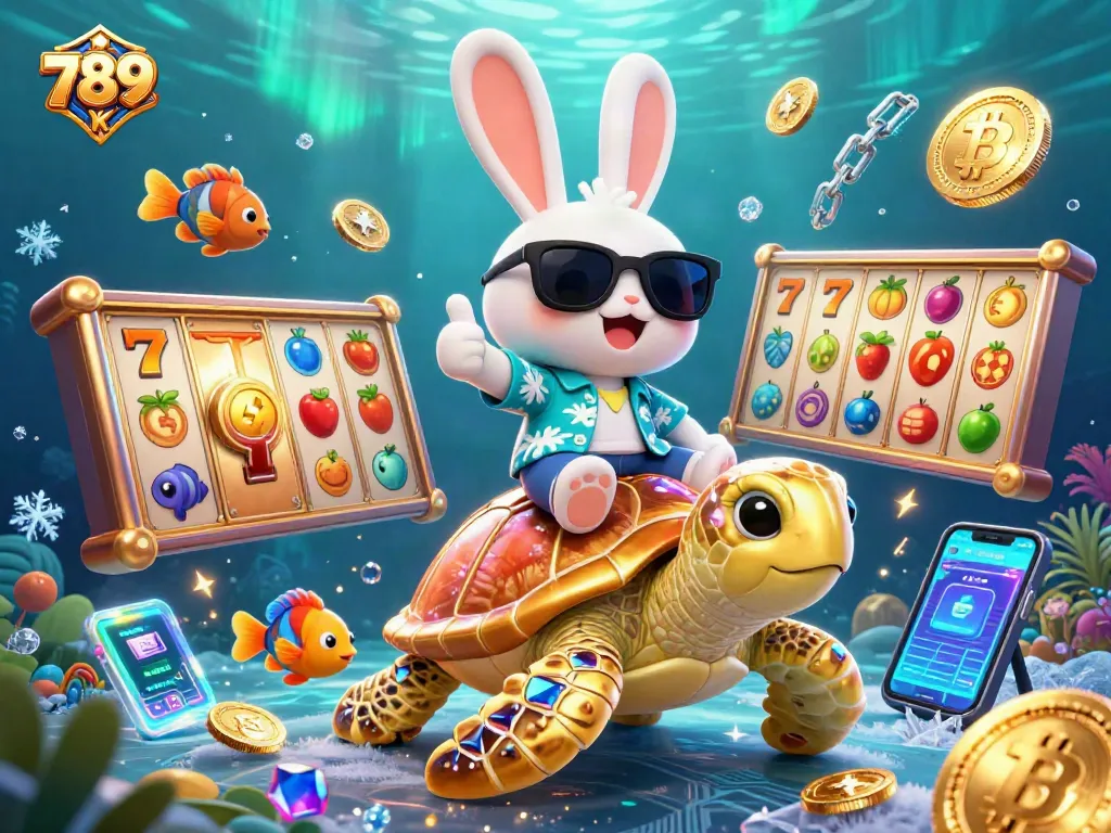 Experience winning thrills with 789 K as colorful slot reels and cryptocurrencies swirl around a lucky rabbit.
