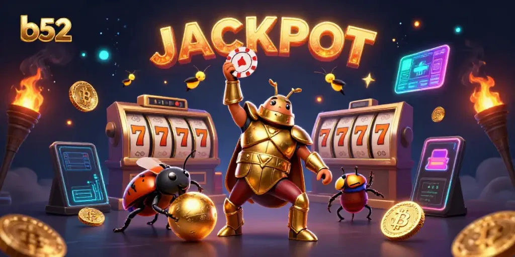 Experience thrilling gaming action with b52, featuring victorious beetles, jackpot symbols, and vibrant casino elements.