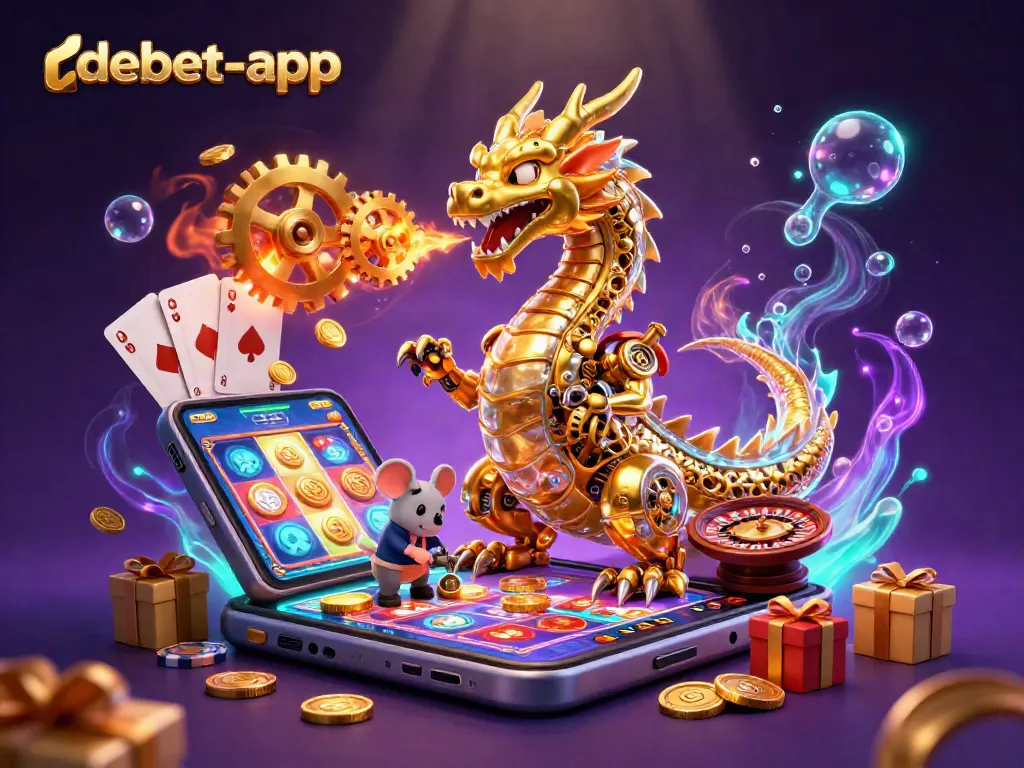 Experience the thrill of gaming with the debet-app as a golden dragon breathes gears amidst vibrant slot elements.