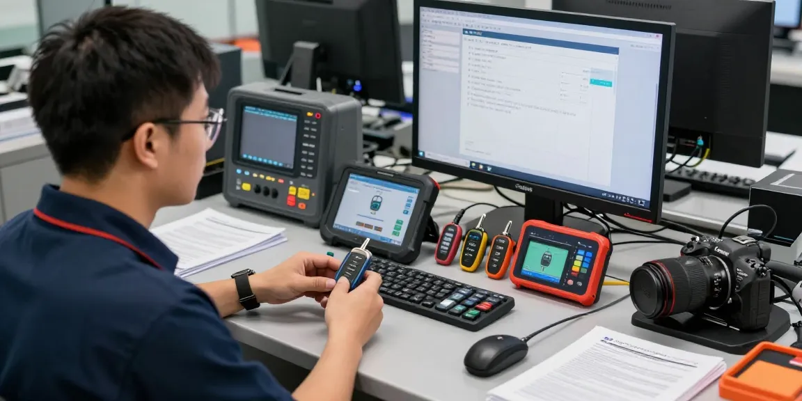 Key Fob Programming Raleigh with technician programming fobs in a modern workshop.