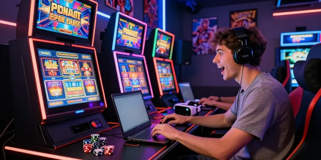 Pemain slot online dengan laptop canggih dan suasana kasino ceria.