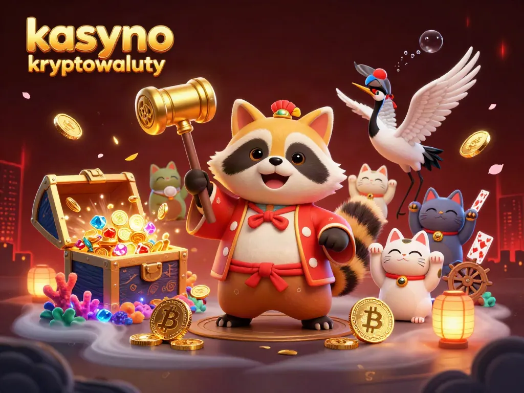 Engage with kasyno kryptowaluty in a vibrant 3D scene featuring crypto coins and joyful characters.