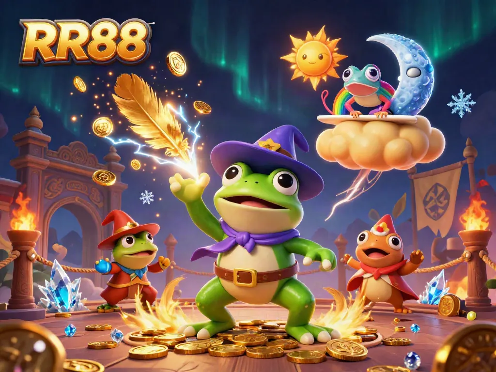 Experience the magic of RR88 with a whimsical 3D scene of a frog wizard and chameleon amidst golden coins.