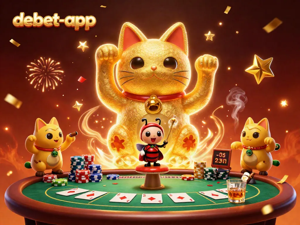 Experience thrilling gameplay at debet-app with a golden lucky cat surrounded by poker elements and festive atmosphere.