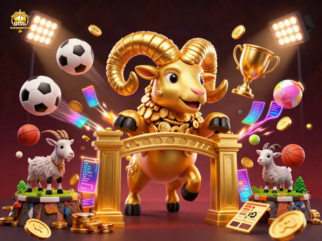 Experience situs hargatoto with a dynamic scene featuring a golden ram and sports-themed elements.