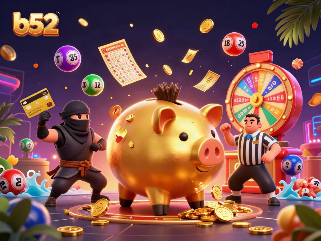 Play and win big with b52-themed casino characters in a vibrant illustration filled with excitement.