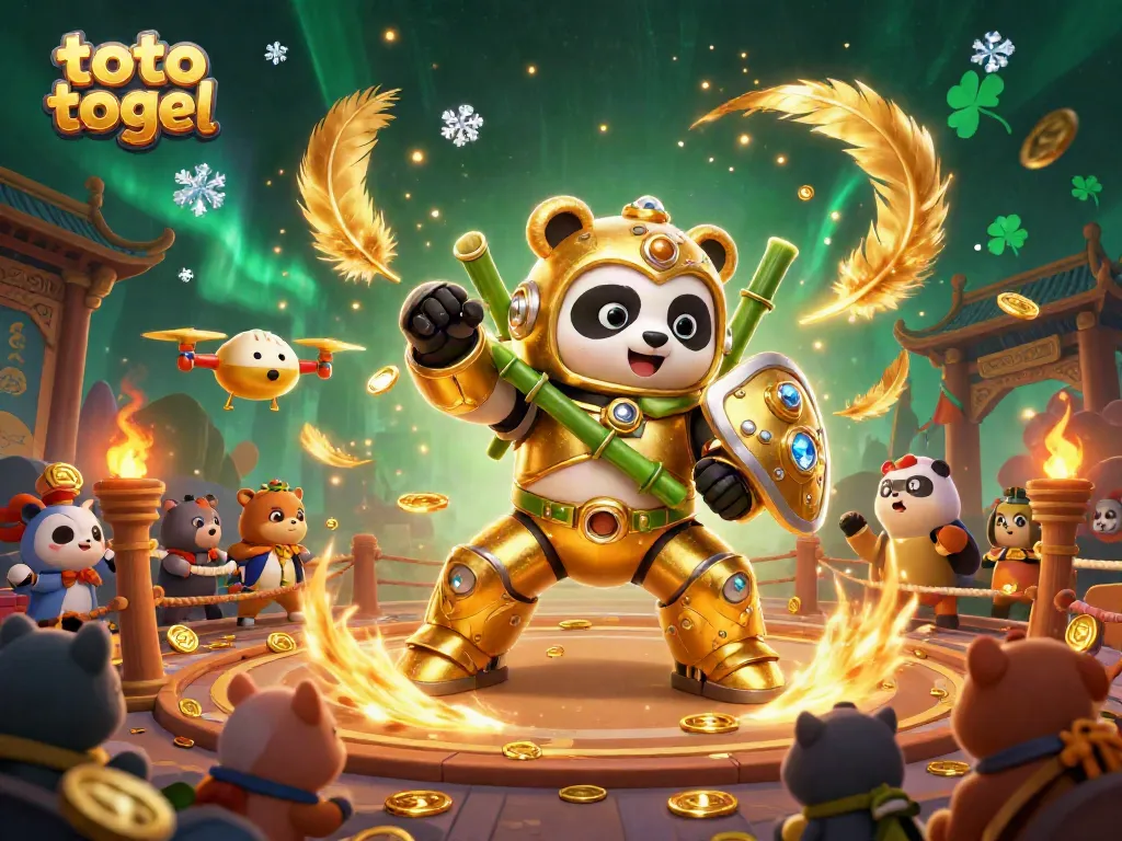 Ilustrasi 3D yang menampilkan toto togel dalam arena pertarungan dengan koin emas bertebaran.