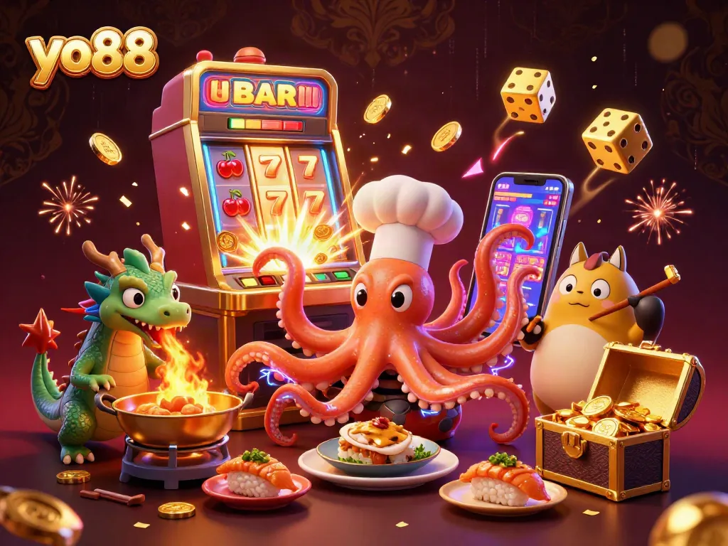 Spin exciting slots at yo88 with vibrant 3D illustrations of casino characters and jackpot elements.